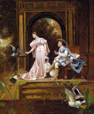 A young couple with birds and a dog